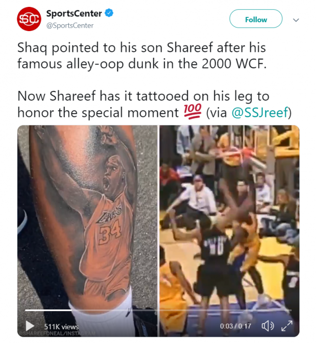 HENDERSON NEVADA  OCTOBER 06 A tattoo on the leg of Shareef ONeal 8 of  G League Ignite depicting his father Shaquille ONeal is shown during an  exhibition game at The Dollar