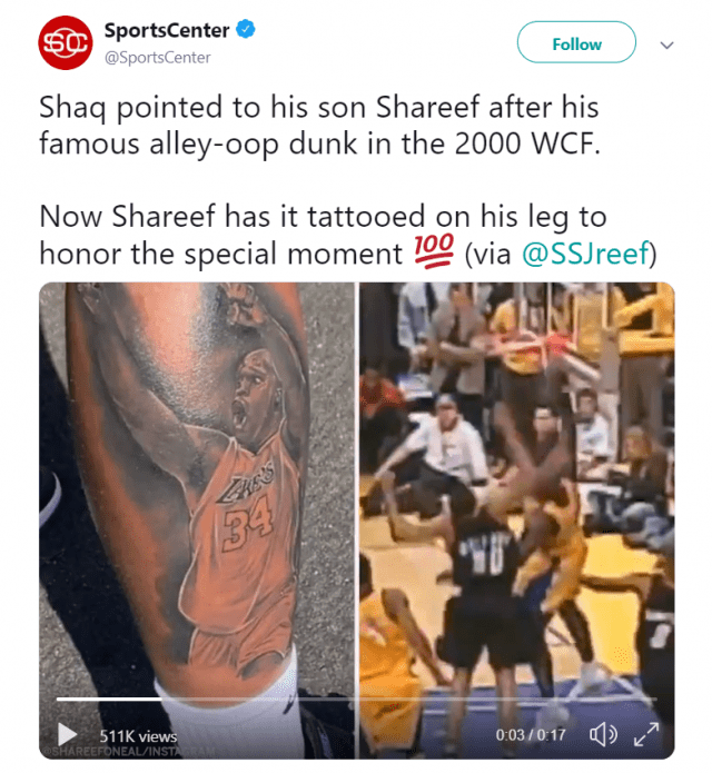 HENDERSON NEVADA  OCTOBER 06 A tattoo on the leg of Shareef ONeal 8 of  G League Ignite depicting his father Shaquille ONeal is shown during an  exhibition game at The Dollar